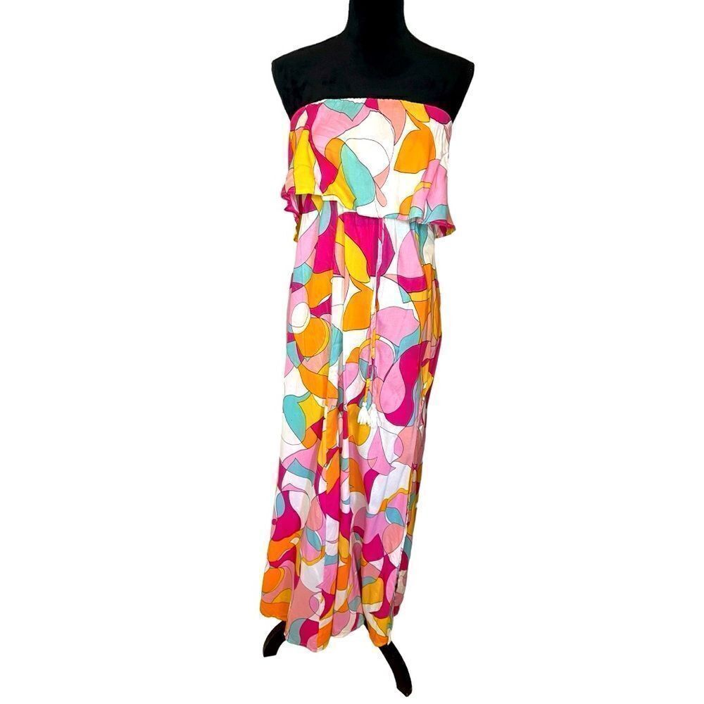 NWT JAPNA STRAPLESS MAXI DRESS FLUTTER TOP GEOMETRIC SUMMER PRINT WOMEN XS